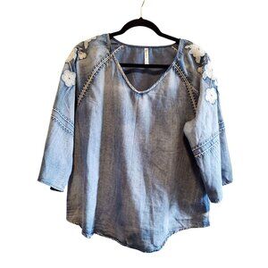 Mur Mur Embroidered Peasant Top Floral Denim Shirt Top Women Boho Chambray Women